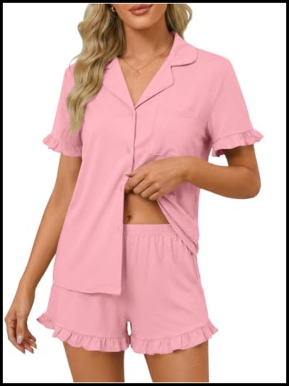 Women's Button Down V Neck Ruffle Pajama Set with Shorts